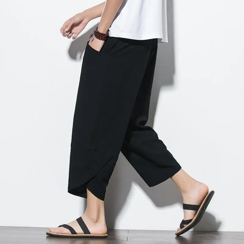 

Male Casual Calf--Lenght Trousers Men Casual Pants Style Cotton Linen Harem Cropped Pants Mens Retro Streetwear Beach Shorts