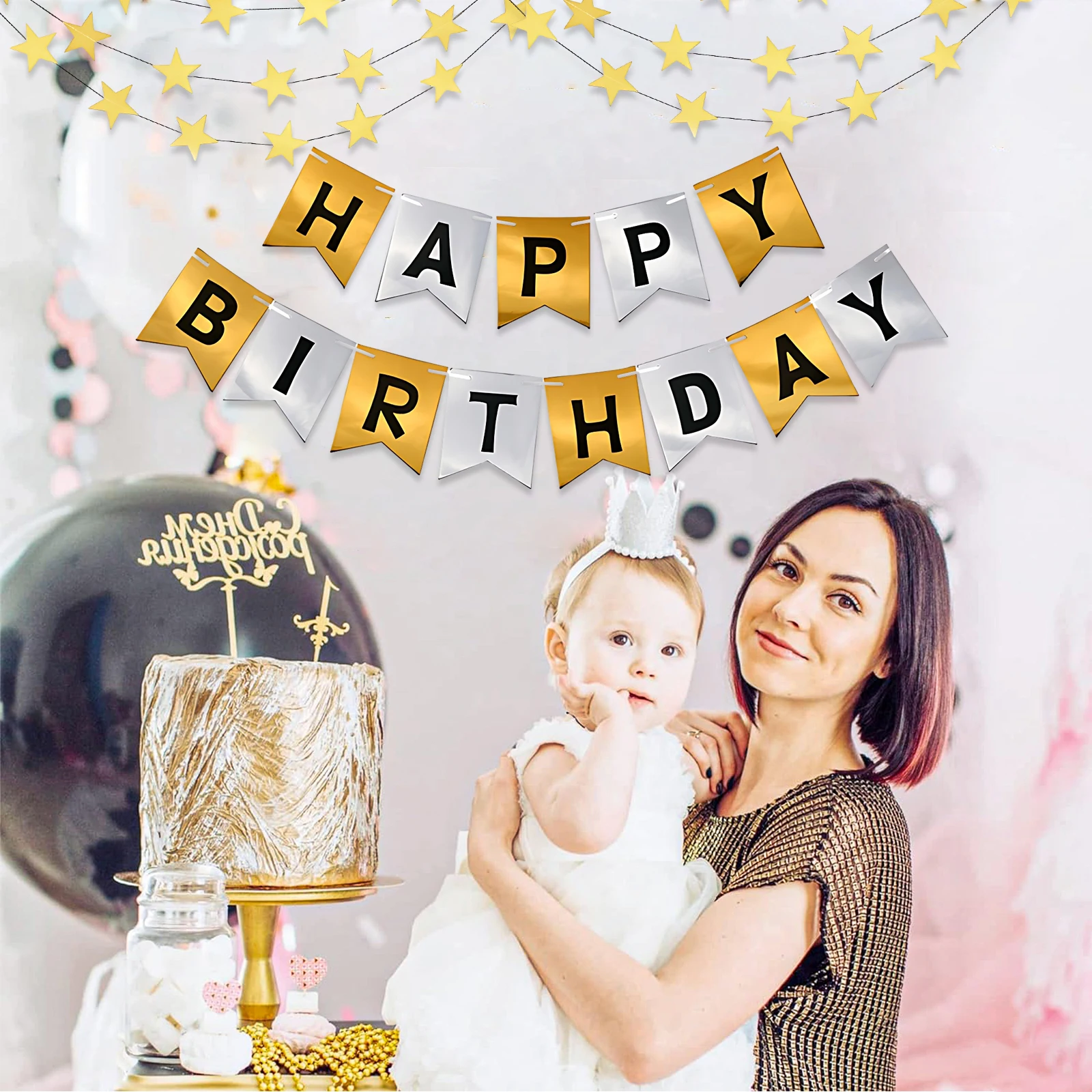 

3pcs/set Golden Wall Hanging Decoration supplies Decor Birthday Party Flags For All Age Happy Birthday Banner