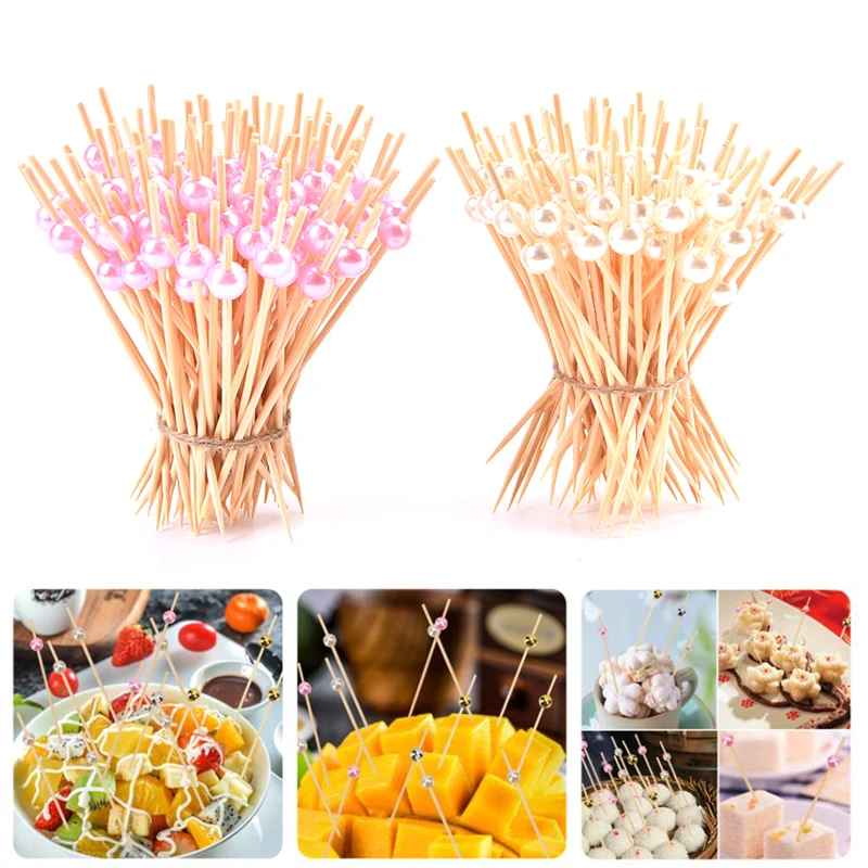 

100Pcs Pearl Cocktail Picks Wooden Toothpick Skewer Snack Fork Fruit Picks Cake Dessert Food Fruit Pick Toothpick Party Supplies