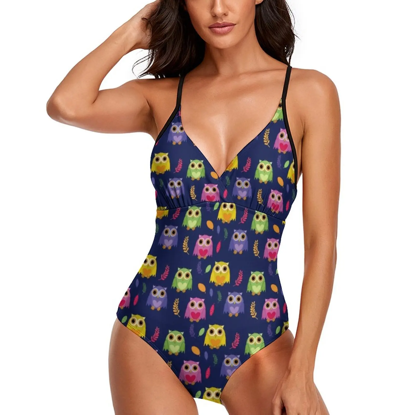 

Colourful Owls Swimsuit Cute Animal Stylish Swimwear One Piece Print Swimsuits Woman Push Up Monokini Sexy Deep V Beach Outfits