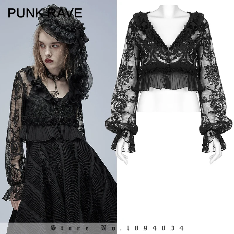 Женская блузка с вышивкой в стиле панк-рейва прозрачная длинными рукавами Лолиты