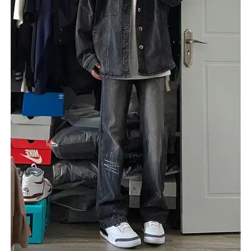 Винтажные черные джинсы Y2k в американском стиле для мужчин модные повседневные