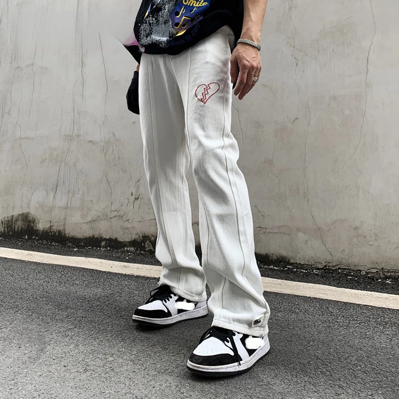 

Women's Mens Y2k Heartbreak Embroidery White Traf Wide Leg Pants Streetwear Highstreet Design Baggy Jeans Straight Trousers Man