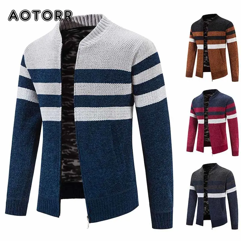 

Полосатый мужской свитер, пальто, Мужская теплая флисовая Шерстяная трикотажная одежда на молнии, лоскутный брендовый кардиган, мужские вязаные свитера с длинным рукавом