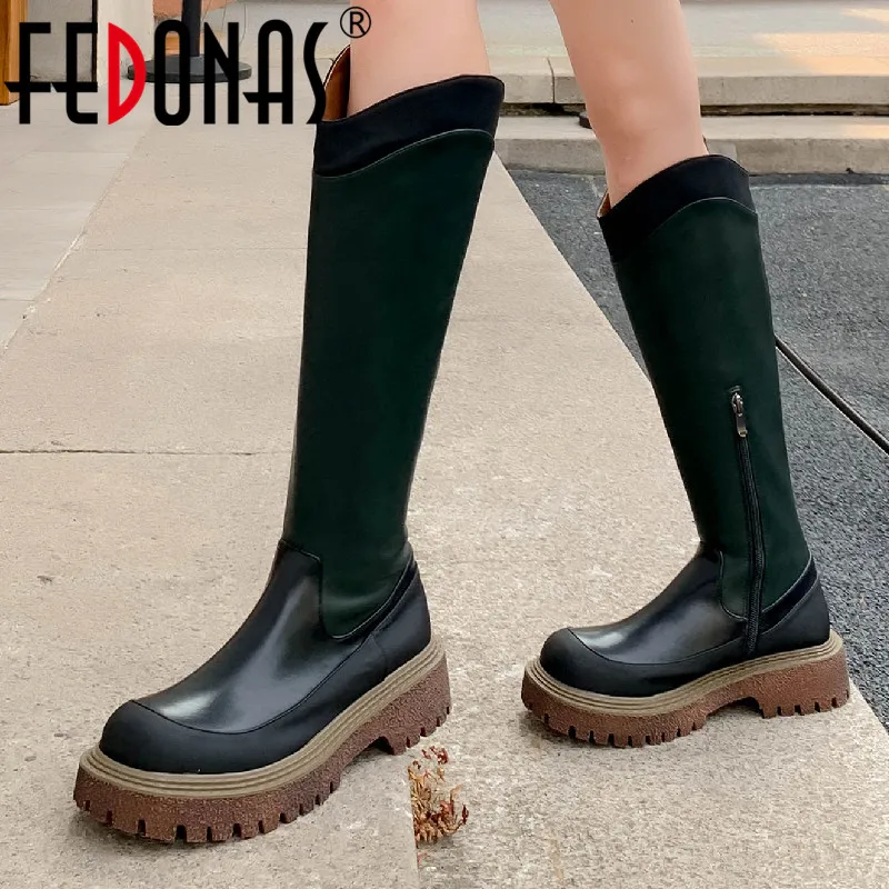

FEDONAS Autumn Winter Platforms Women Knee High Boots New Mixed Colors Genuine Leather Thick Heels Fashion Causal Shoes Woman