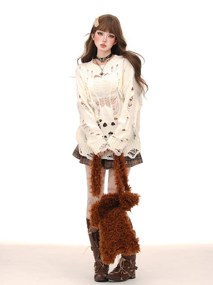 ReddaChic женский ажурный джемпер с большими булавками осенний однотонный длинными