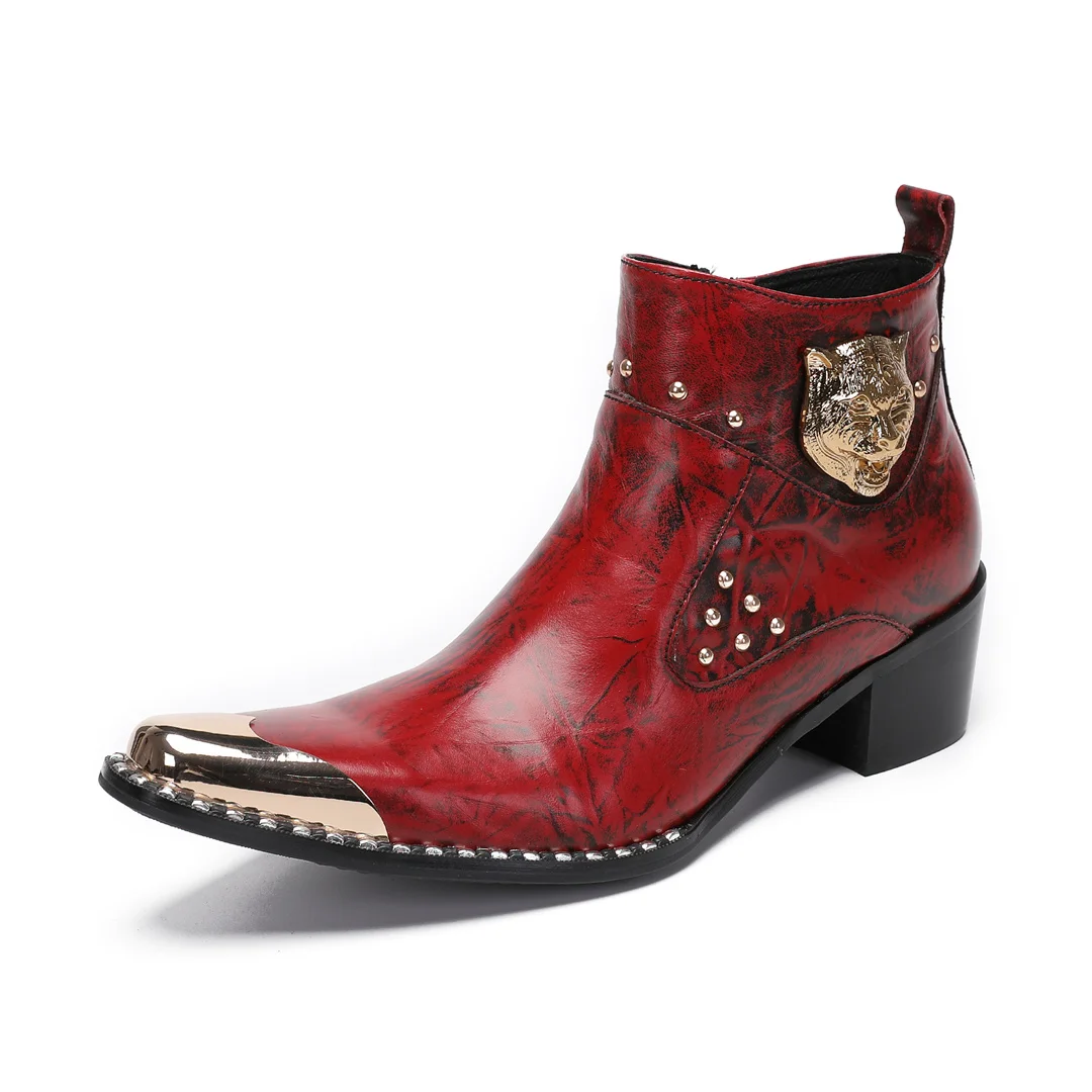 Красные мужские туфли ручной работы с металлическим острым носком для банкетов