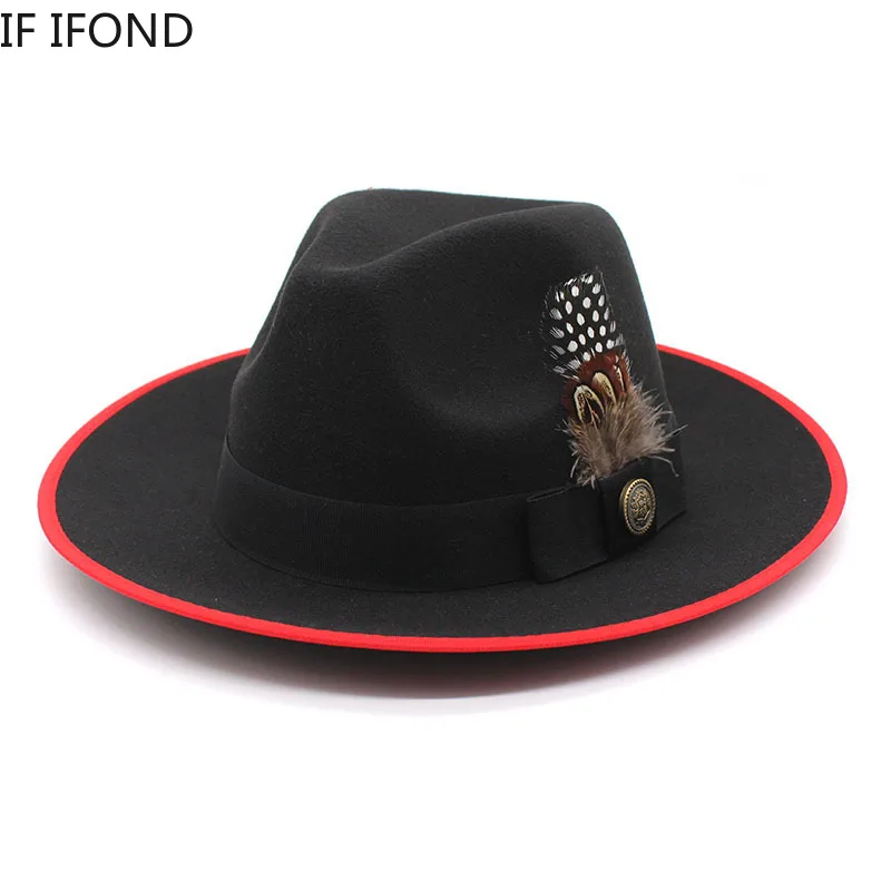 

New 2022 Imitation Woolen Felt Fedoras Hats For Women Feather band Panama Party Trilby Cap Men Gentleman Wedding Jazz Hat