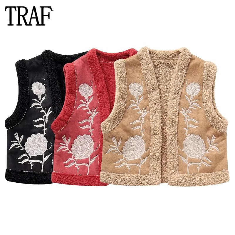 

TRAF 2023 Embroidered Vest for Women Open Sleeveless Vest Woman Cropped Plush Jacket Women Double Faced Waistcoat Women Vests