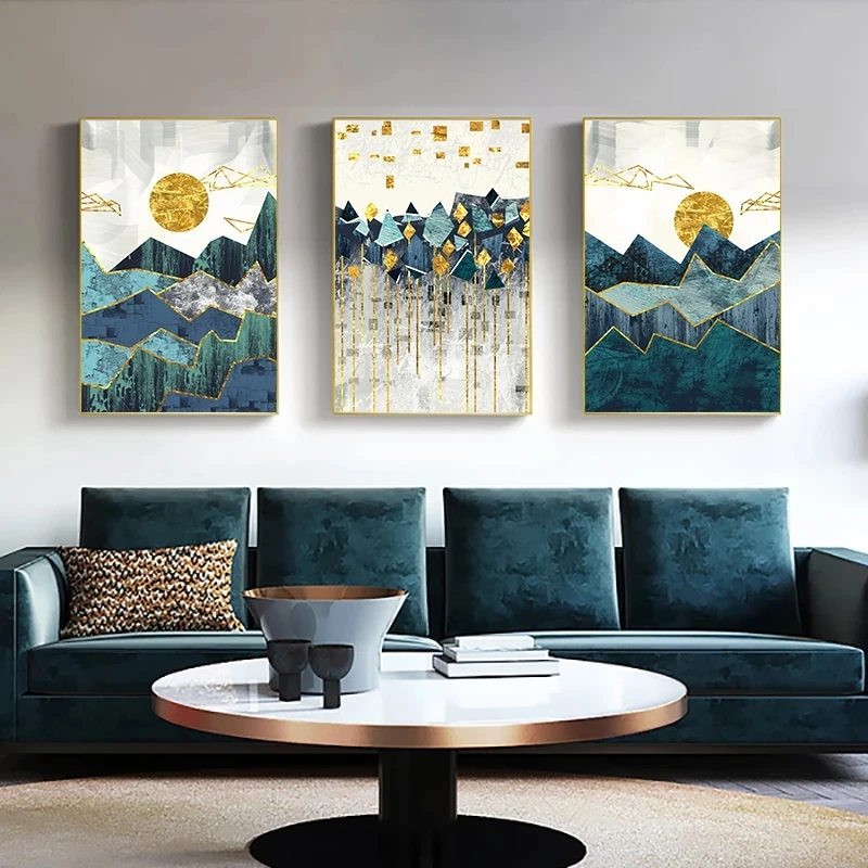 

Nordic Abstract Geometric Mountain View Painting Golden Sun Wall Art Poster Printing Wall Painting Living Room Decor
