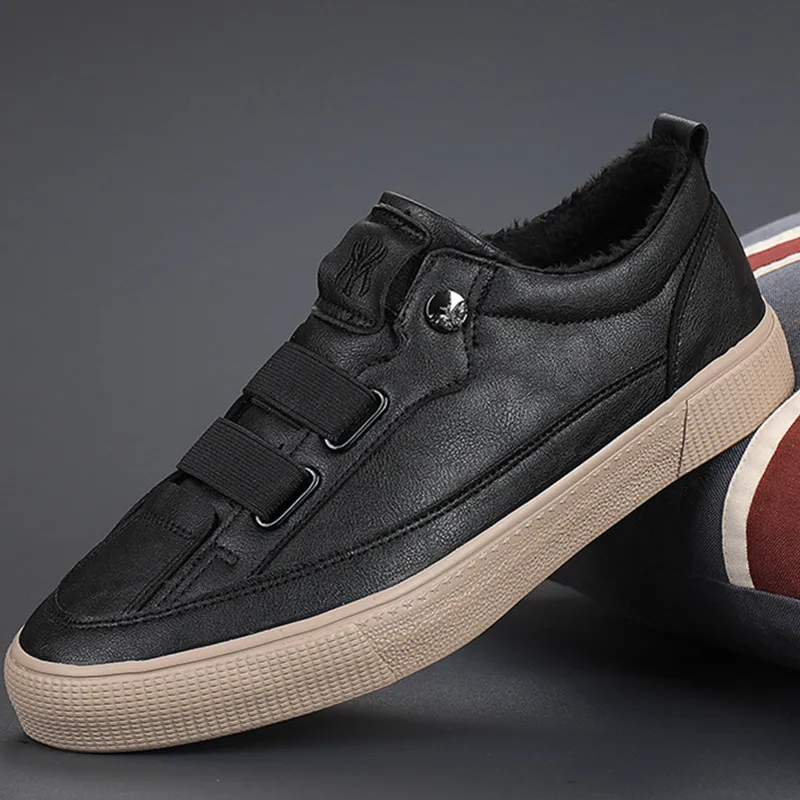 

Holfredterse 2021 New Casual Leather Shoes Hot Men Fur Warm Winter Vulcanize Skateboarding Elastic Band Outdoor Flat Shoes 20958