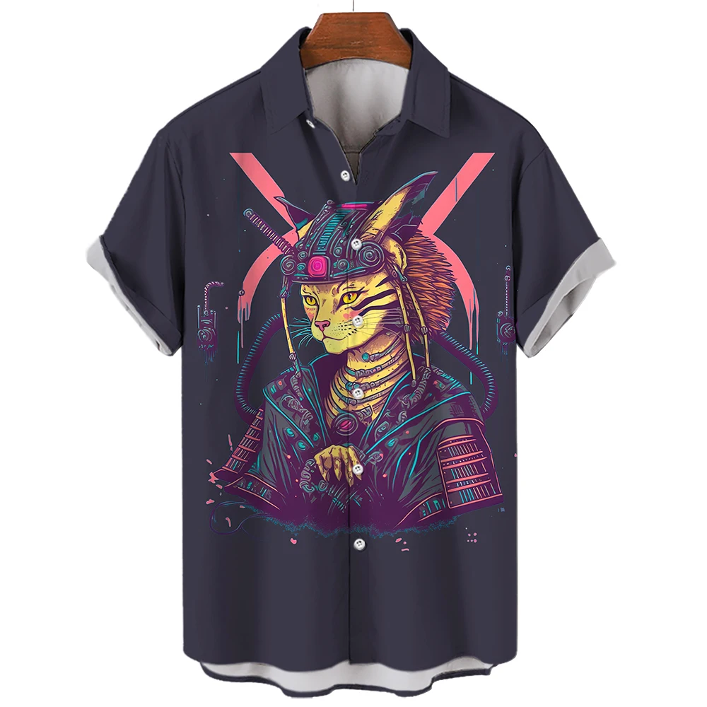 

Japanese Manga Cat Men's Shirt Fashion Casual Animal Samurai Print Oversized Shirt Tops Short Sleeve Camisas Masculinas Origina