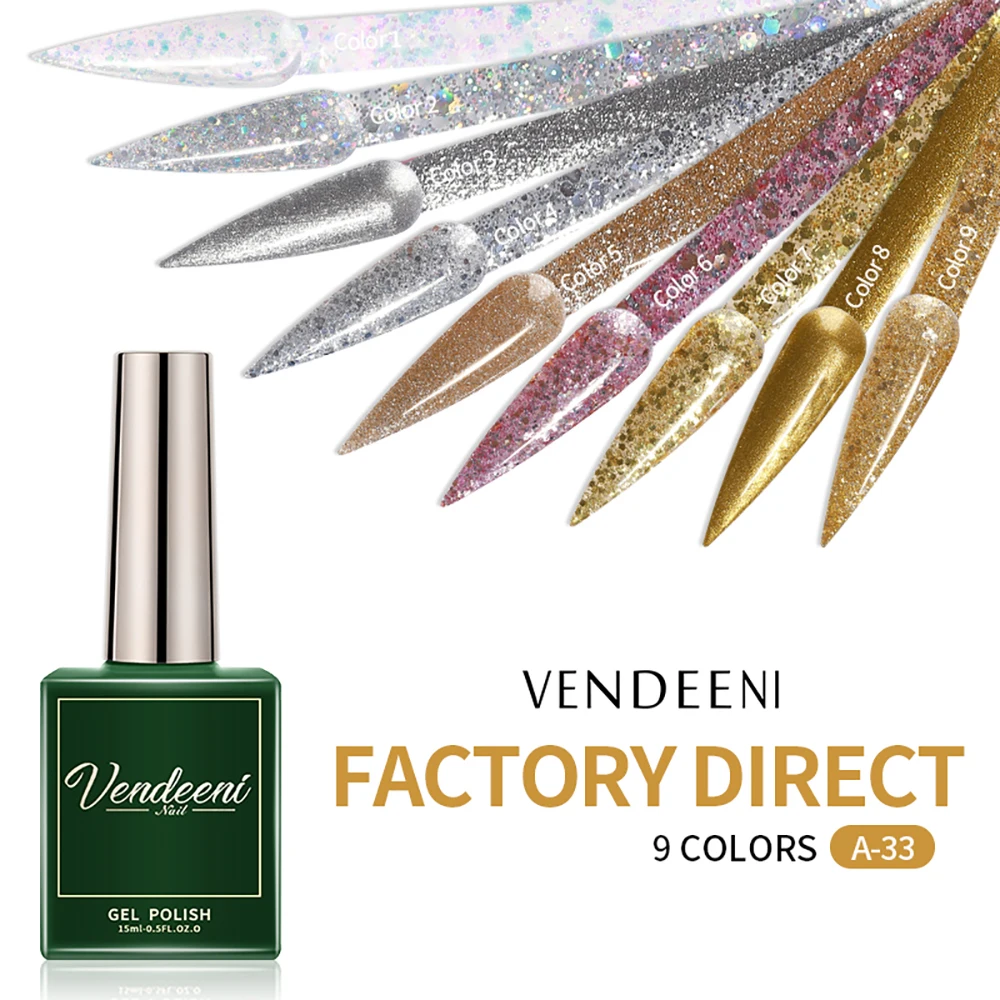 

Vendeeni 15 мл золотой серебряный гель-лак для ногтей с блестками УФ-светодиодный Блеск Soak Off гель-лак долговечный гель-лак для дизайна ногтей