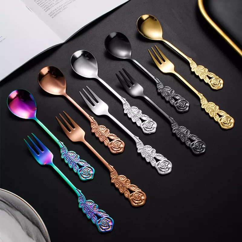 

NEW2023 Stainless Steel Tableware Long Handle Plated Rose Coffee Spoon Set Dessert Spoon Sugar/Stir/Bar/Mixing/Ice Cream Spoon T