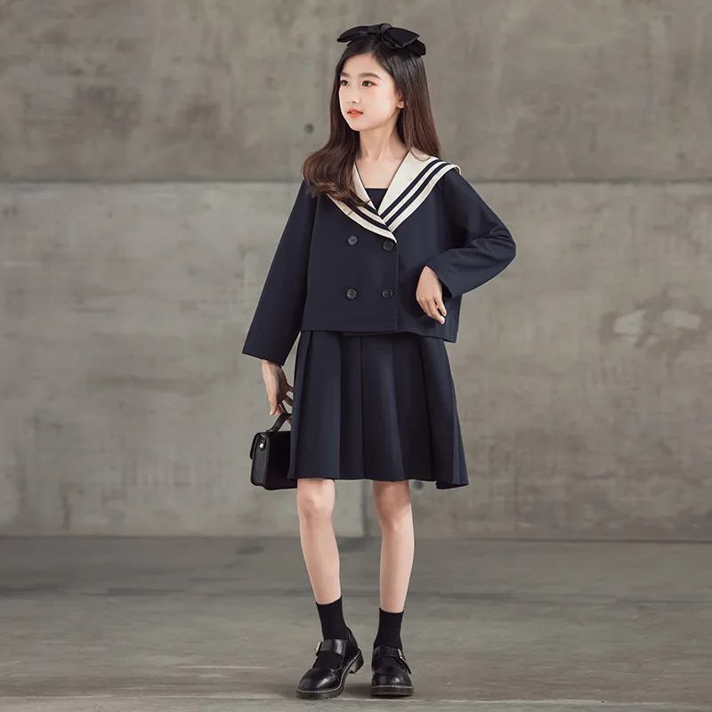 

Spring Autumn Fashion Suits Children's Clothing Girls New Navy Collar Top + Short Skirt 2pcs Korean College Style Outfits 4-14 Y