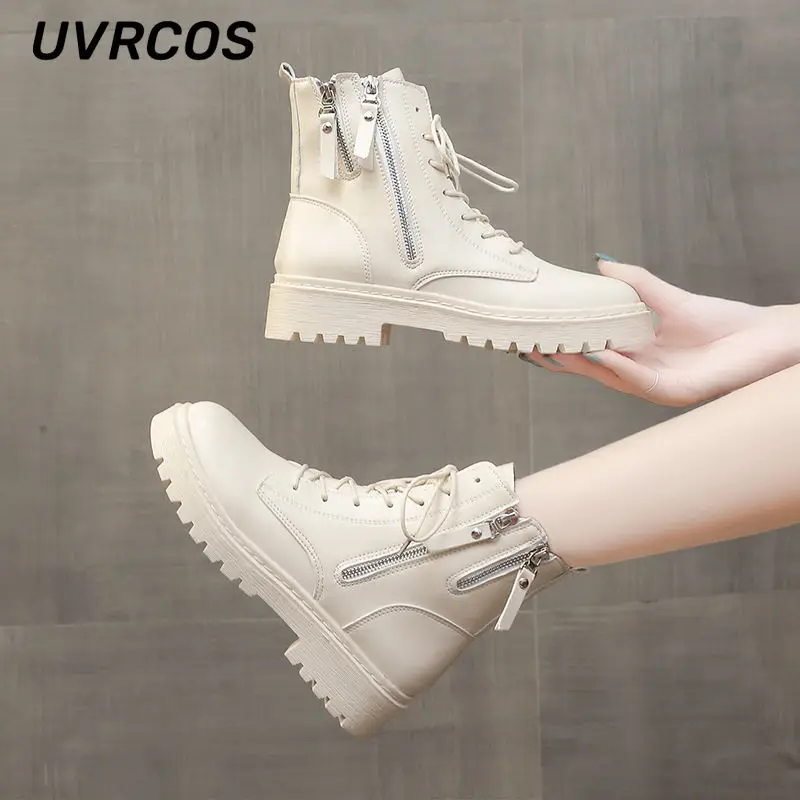 

Mid-heel Mesh Women Thick-soled Ankle Boots Lace-up High-top All-match British Style Fashion 2022 Winter New Shoes