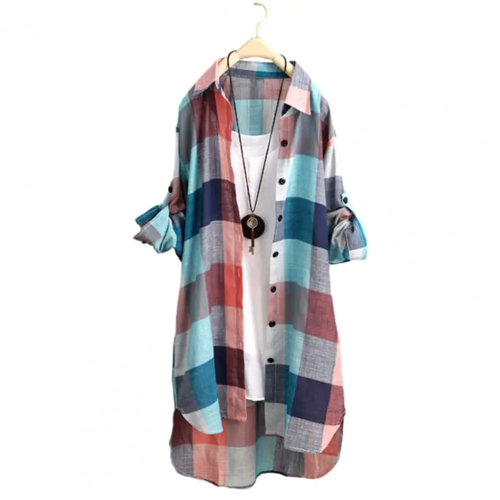 

Women Long Sleeve Shirt Plaid Print Women's Shirt Irregular Hem Long Sleeve Lapel Oversized Breathable Lady Top Women Shirt