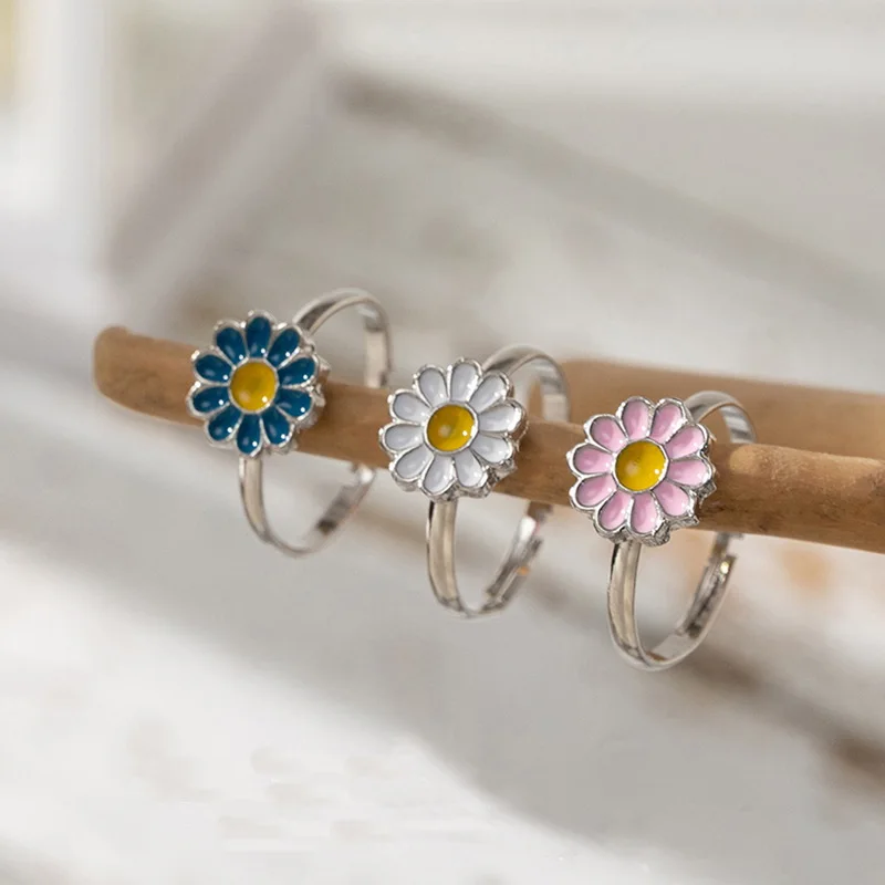 

3PC/Set Blue Pink White Daisy Rings For Women Simple Cute Flower Adjustable Opening Ring Girls Sister's Friends Jewelry BFF Gift