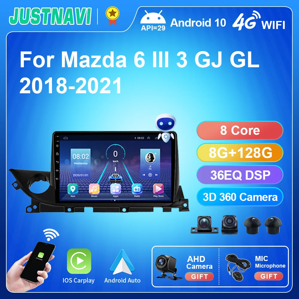 

Автомобильный радиоприемник JUSTNAVI Android 10,0 для Mazda 6 3 GJ GL 2018-2021 мультимедийный плеер Carplay автонавигация GPS No Din DVD головное устройство
