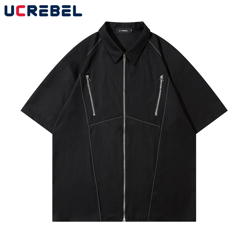 

Однотонная рубашка с коротким рукавом, Мужская Уличная одежда, рубашки с отворотами, летние свободные повседневные мужские топы на молнии с...