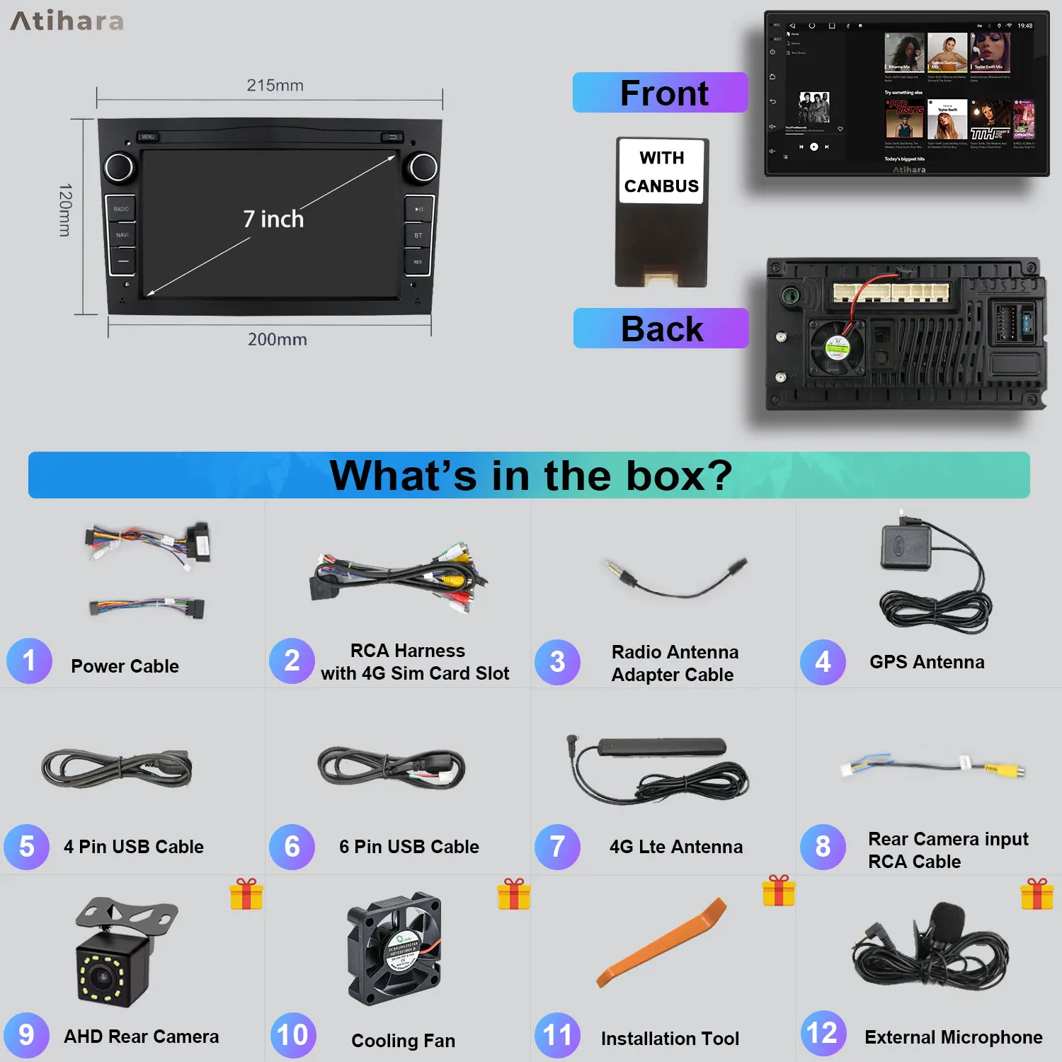 Atihara 7-дюймовый автомобильный радиоприемник Carplay Android Auto для Opel Signum 2003-2008 WIFI + 4G AM/FM