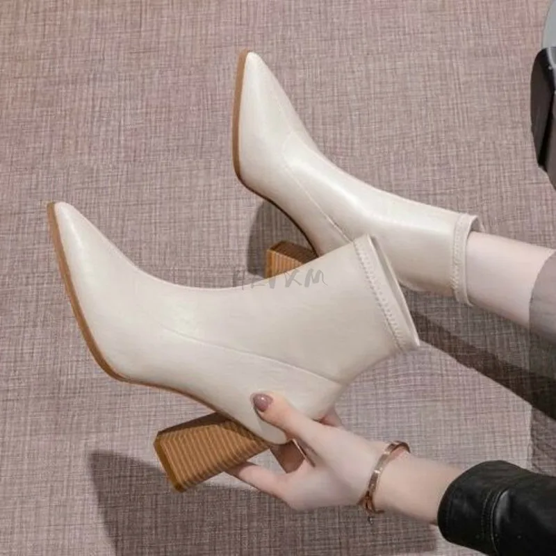 

White Short Boots Women's Thick Heel Spring and Autumn Single Boots 2020 New Pointed High Heels Nude Boots Mid-heel Boots