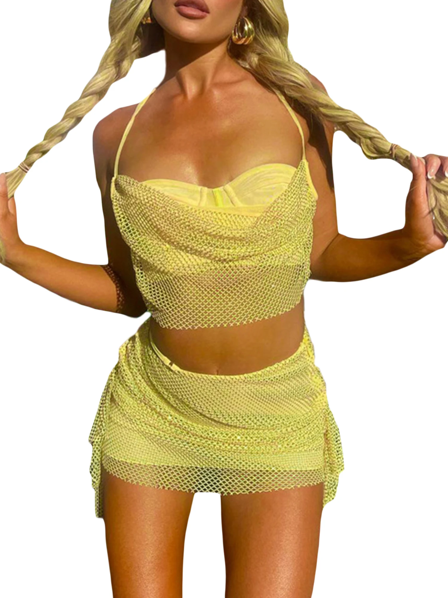 

hirigin Fishnet Mesh Yellow 2 Piece Dress Sets Sexy Summer Rave Festival Outfits Crop Top And Skirts Set 2023 Womans Clothing