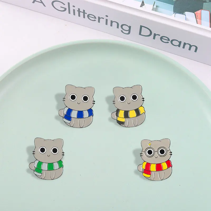 

10 PCS / LOT Cat Magic School Enamel Pin Custom Witchcraft Cute Kitten Striped Scarf Brooch Lapel Badge Animals Jewelry