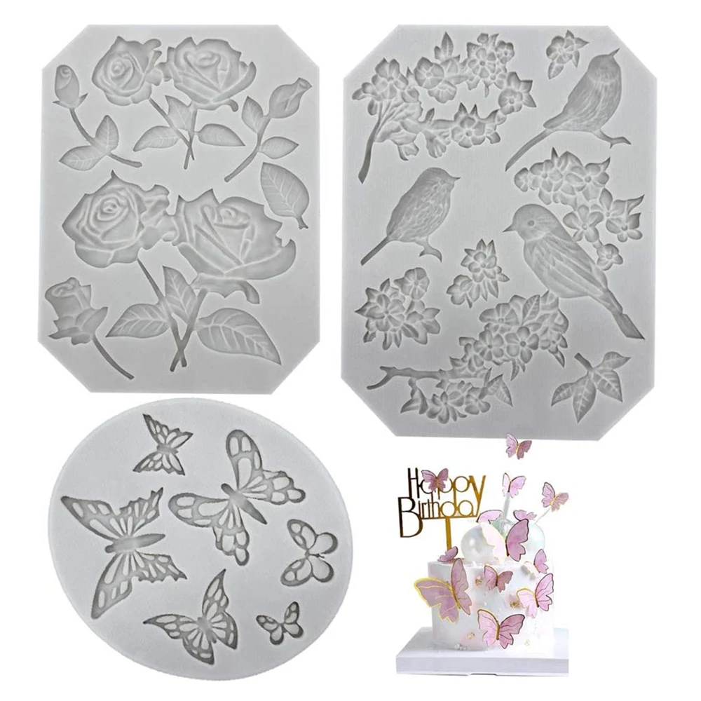 

Butterfly Rose Flower Stems Birds Blossoms Silicone Fondant Mold for Making Polymer Clay Plaster Crafting DIY Cake Deco Tools