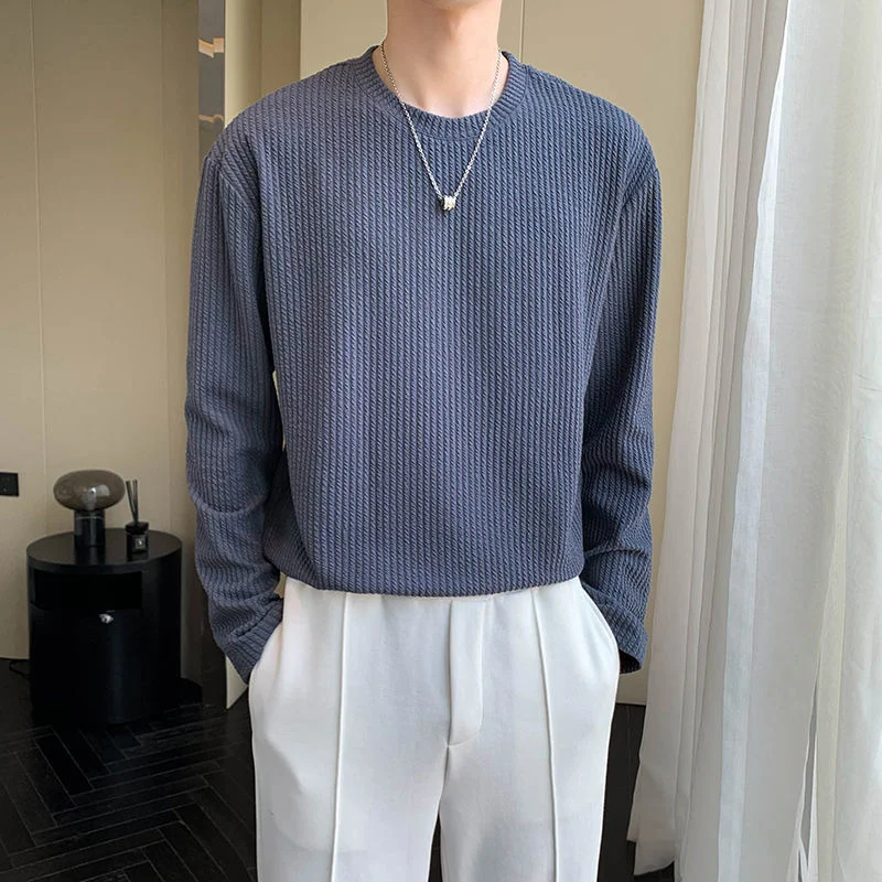 

C Y Autumn Design Knitted Bottomed Men Sweatshirt Long Sleeve Waffle Top 2023 Solid Color Korean Fashion Male Tops 9A5312