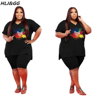 hljgg summer shorts two piece sets xl 5xl women pink letter print top and skinny shorts tracksuits casual streetwear outfits