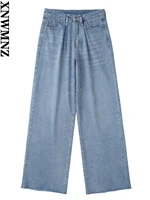 xnwmnz women fashion loose wide leg high waist woman jeans female retro casual pocket faded zip woman pant denim trousers