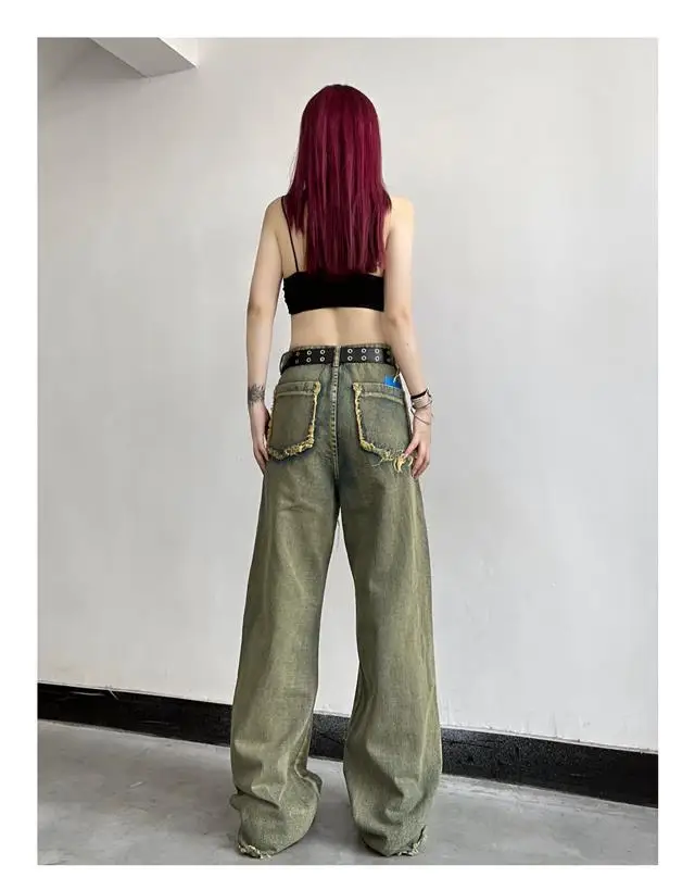 Spring and Autumn Fleece High Waist Jeans Women's Straight Loose Large Pockets Made of Old Floor Pants Wide Leg Pants Versatile