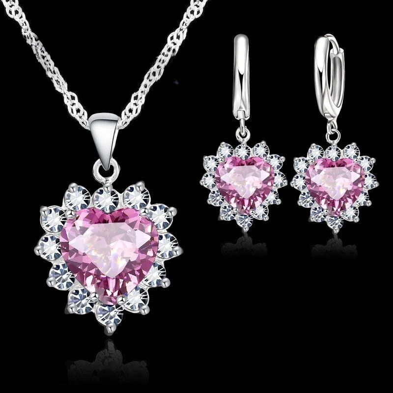 

Cubic zirconia pendant necklace earring set Valentine's Day gift true love 925 sterling silver wedding jewelry set