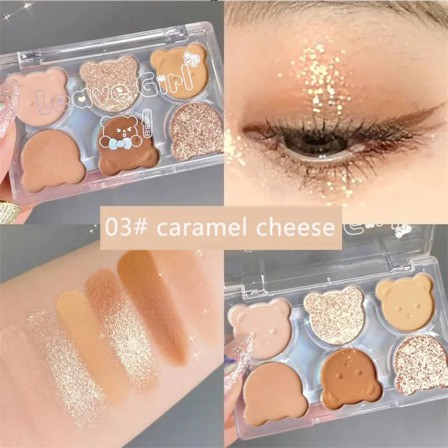 Bright 6-Color Long Lasting Shiny Glitter Eyeshadow Contouring Powder Tray - Bear Plate Eye Shadow Palette for Girls 6 in 1