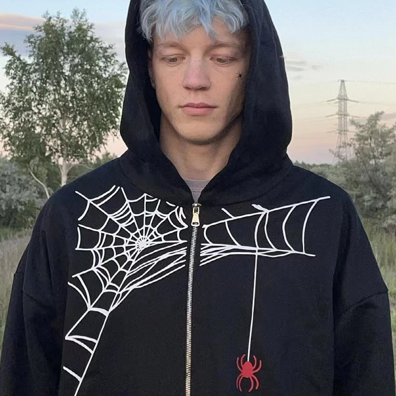 Модные популярные черные худи Стразы с принтом паутины скелета Y2k Goth длинным
