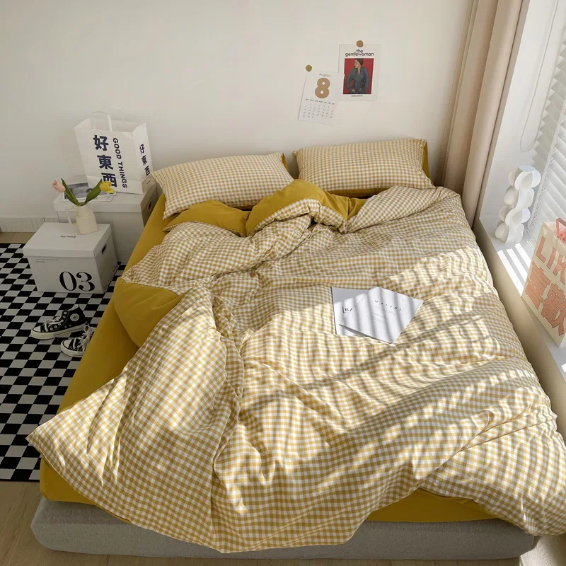 

Fashion Bedding Set White Green Double Bed Linens Nordic Duvet Cover Pillowcase Queen Size Flat Sheet Polyester Classic Grid