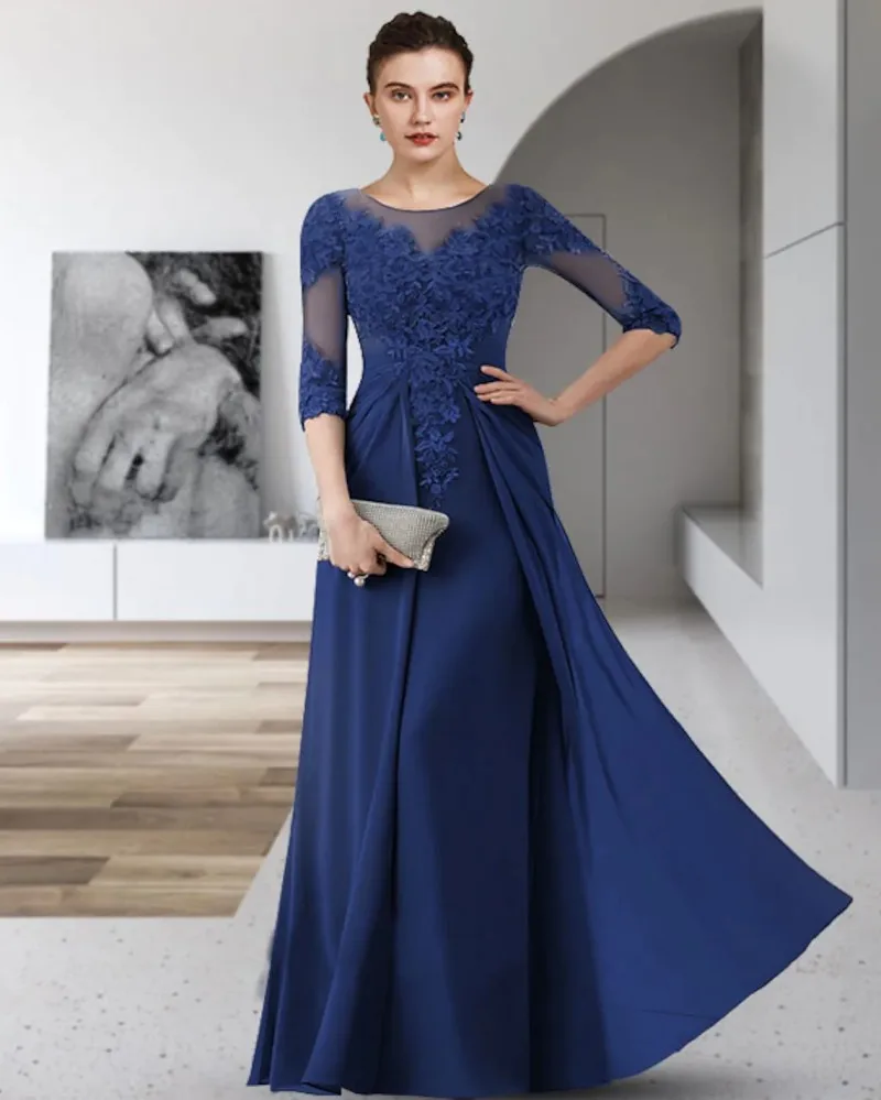 

Blue Mother of the Bride Dresses 2022 Elegant Jewel Half Sleeves Floor Length Chiffon Lace Guest Party Gowns New Robe De Soiree