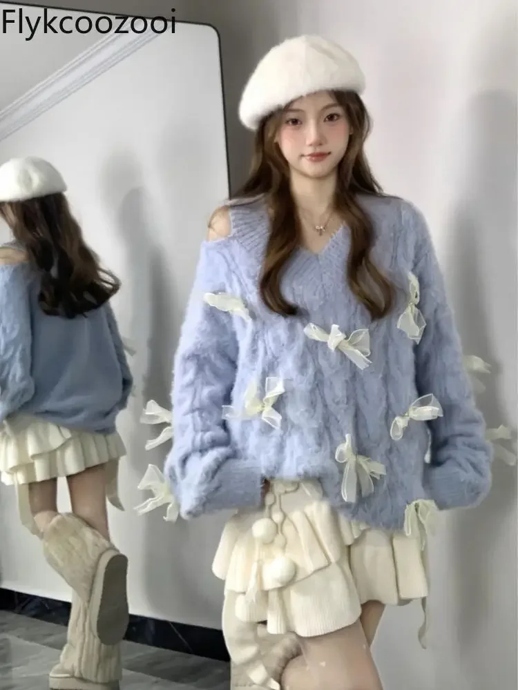 Женский трикотажный Свитер с бантом свободный оригинальный большого размера для