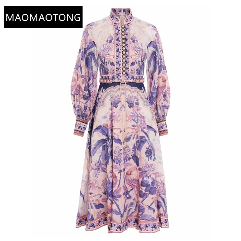 

Elegant Casual Women's Dresses 2022 Runway Autumn Stand Collar Single breasted Belted Stripe Printed Loose Long Dress Vestidos