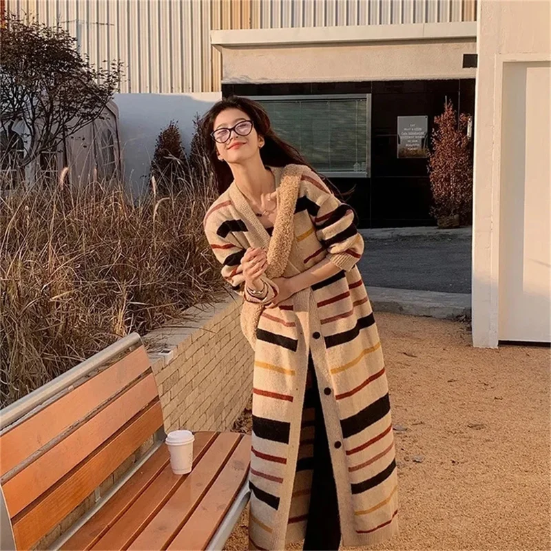 Длинный свитер в контрастную полоску пальто Новинка весна-осень 2023 Свободный