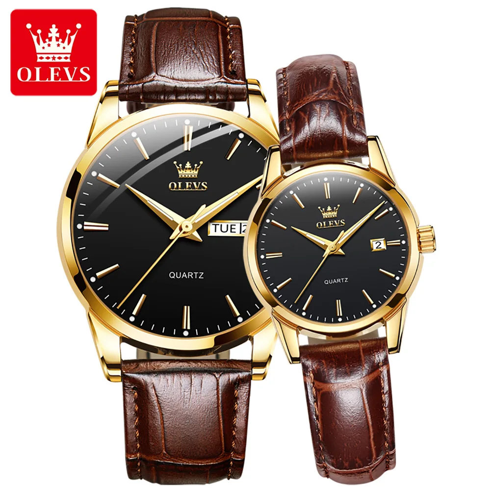 

OLEVS 6898 Quartz PU Strap Couple Wristwatches, High Quality Exquisite Waterproof Fashion Watches For Couple Luminous Calendar