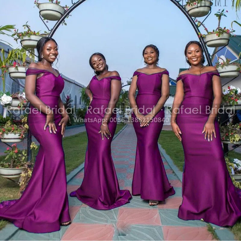 

Off Shoulder Trumpet Bridesmaid Dresses Fuchsia Satin Long Mermaid African Black Girls Cheap Formal Party Dress Maid Of Honor