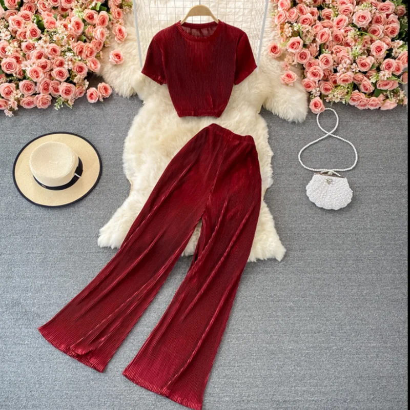 

Pleated Wide Leg Pants Suit Women Summer Beach Vacation Set High Waist Casual Straight Pants Two-piece Top and Trousers Set