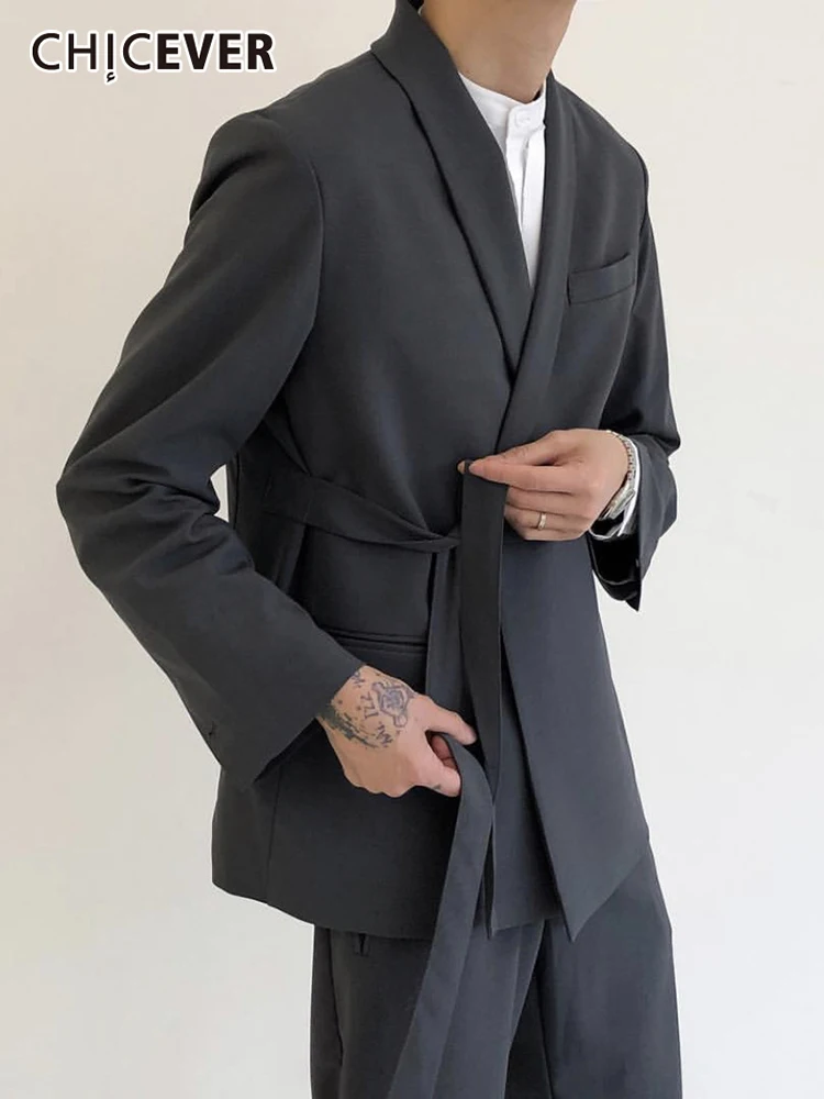 

CHICEVER Solid Loose Blazer For Women Notched Collar Long Sleeve Patchwork Lace Up Gathered Waist Blazers Female Clothing 2022