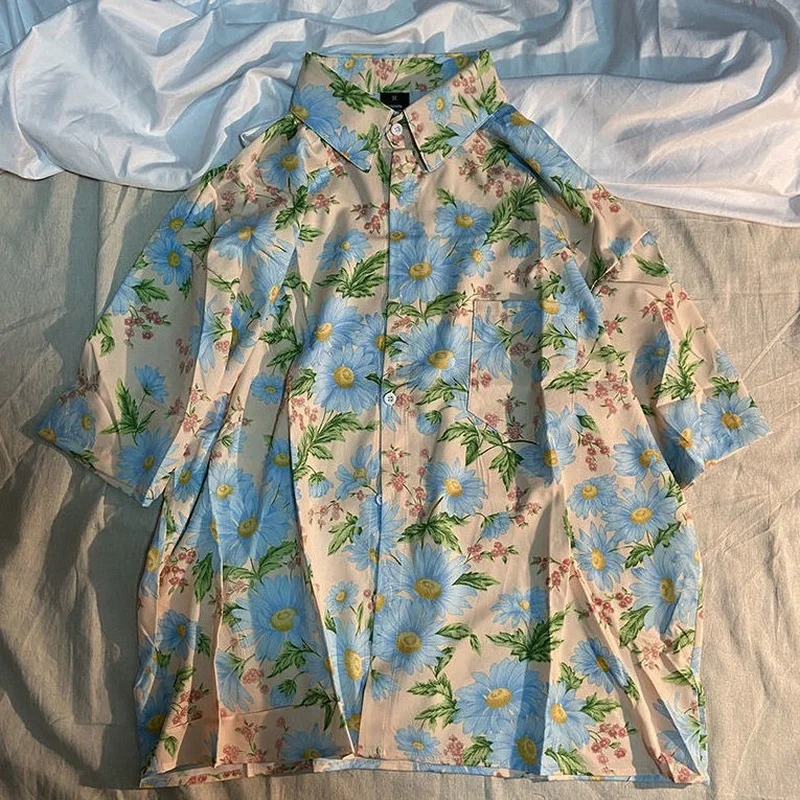 

Pastoral Story Flower Shirt Daisy Printed Japanese Retro Shirts Women Summer Plus Size Hawaiian Beach Men Cuban Style Summer New