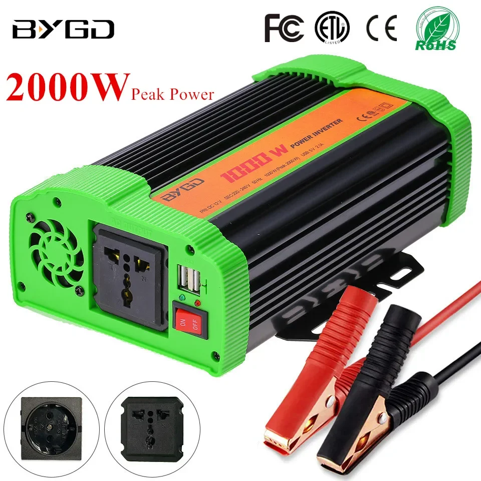 

BYGD 1000W Car Inverter DC 12V to AC 110V 220V 2000 Peak Dual USB Ports Auto Charger Power Converter Adapter Universal EU Socket