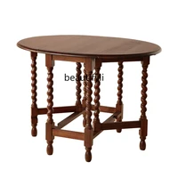 yj Antique Folding Solid Wood Dining Table American Retro Oval round Table Coffee Shop Furniture