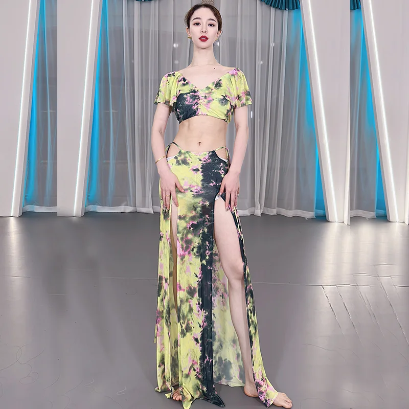 

Women's belly dance clothing set printed practice clothes women's fashion short sleeved top+split skirt 2-piece dance clothing s
