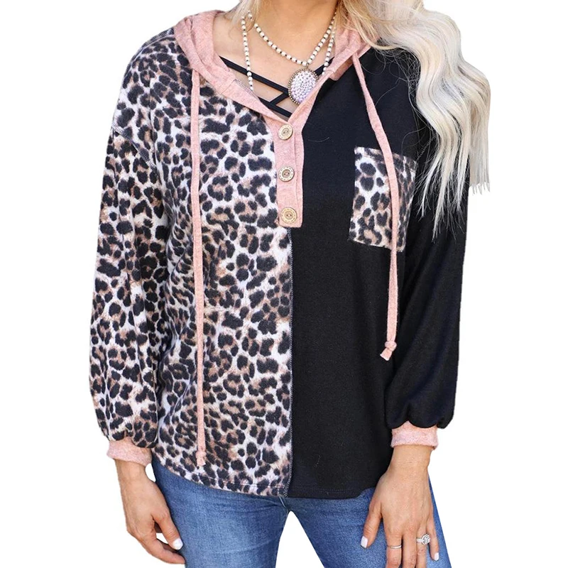 2022 Spring New Women's Fashion  Sweatshirt Leopard Print Half Open Collar Long Sleeve Pocket Panel Hooded Top